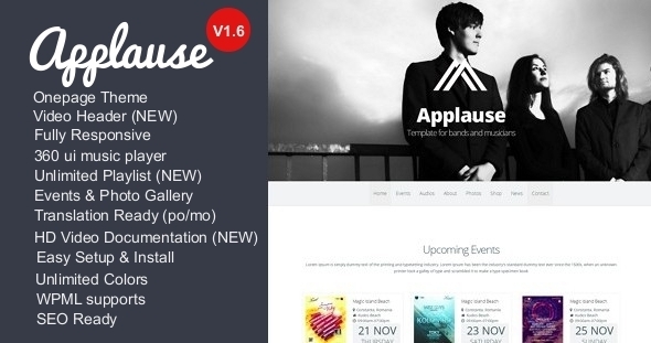  Applause single page DJ music website wordpress theme