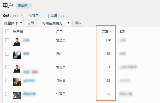 WordPress 让后台用户列表可以根据文章数进行排序
