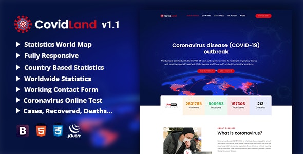 CovidLand - COVID-19 冠状病毒医学预防HTML网站模板