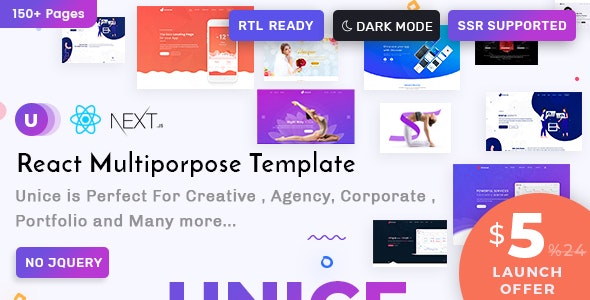 Unice React - 创意机构作品展示着陆页HTML模板
