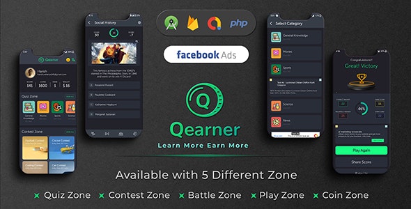 Qearner - 带有收入系统 + 管理面板 Android 检验测验游戏应用程序